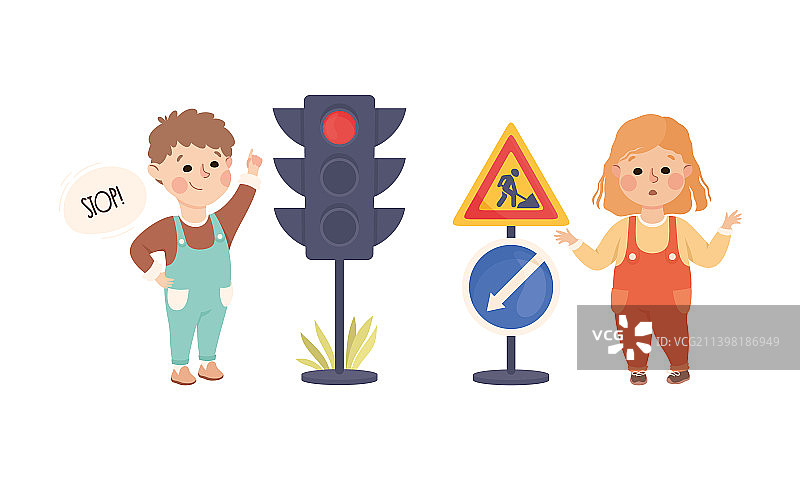 学习交通标志的男孩和女孩图片素材