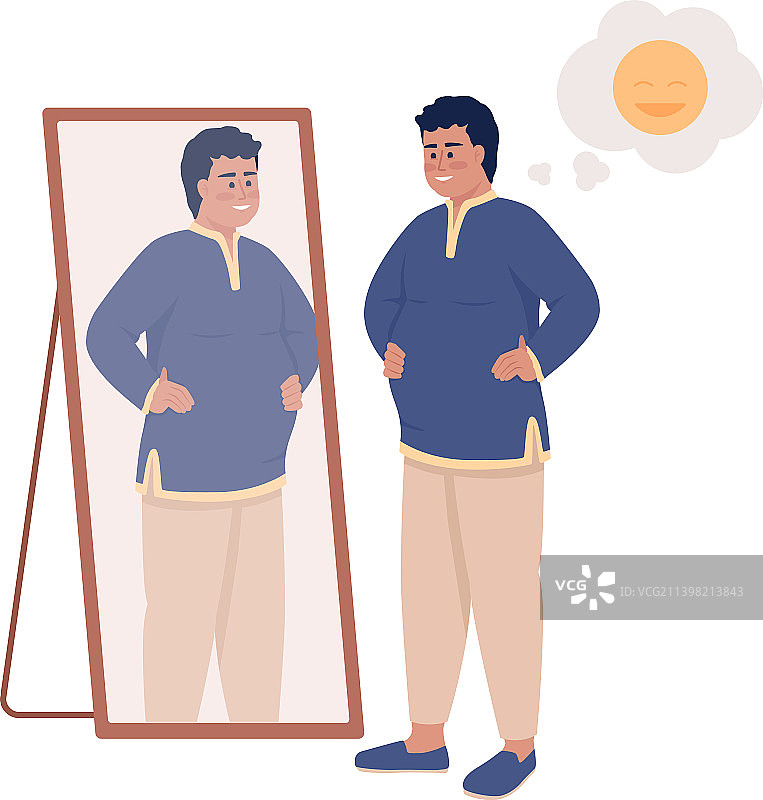 穿着印度服装的胖男人在镜子旁（半扁平风格）图片素材
