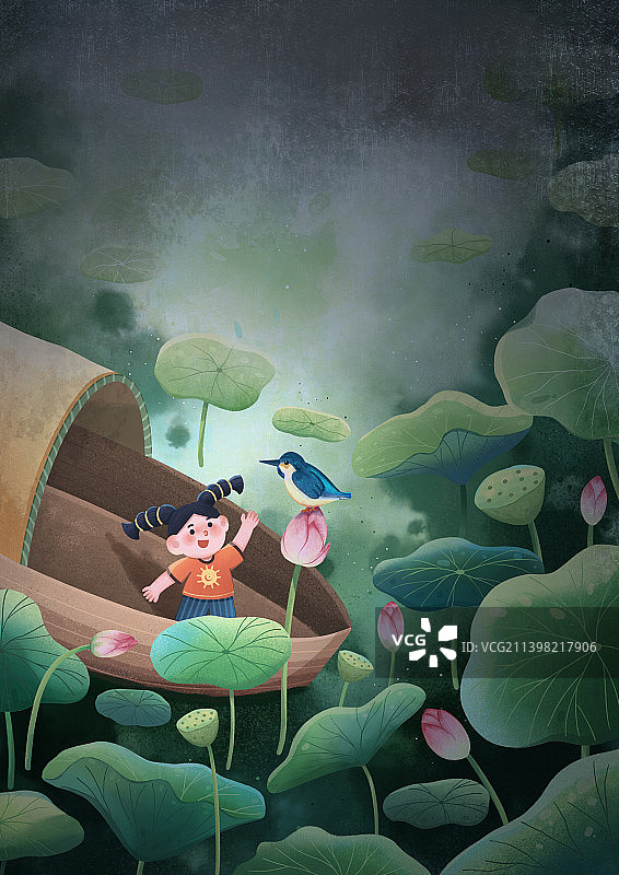 夏天荷花夜景插画图片素材