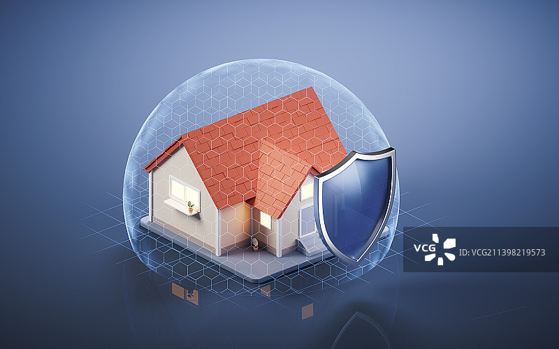 房屋住宅与安全护盾3D渲染图片素材