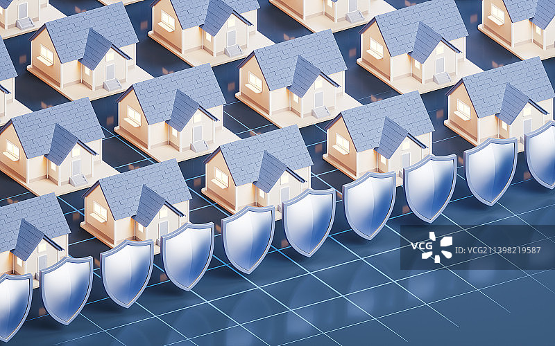 房屋住宅与安全护盾3D渲染图片素材