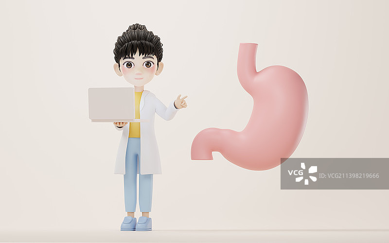 卡通女性科研人员与胃3D渲染图片素材