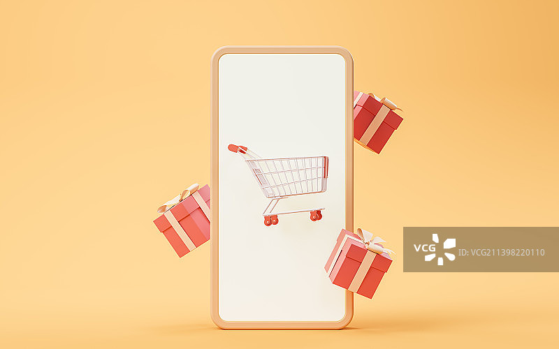 手机屏幕与购物车3D渲染图片素材