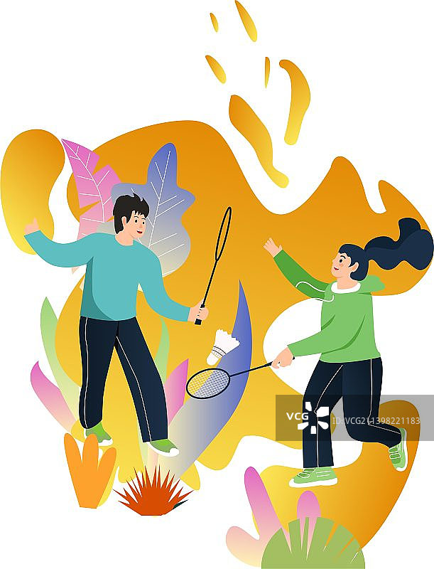 秋天秋季立秋秋分打羽毛球同学朋友情侣异性恋乡村户外运动广告海报扁平矢量插画图片素材