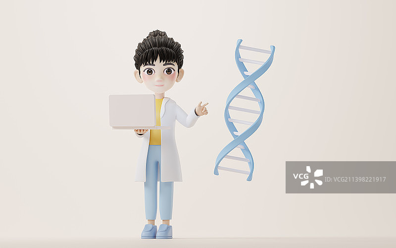 卡通女性科研人员与DNA结构3D渲染图片素材