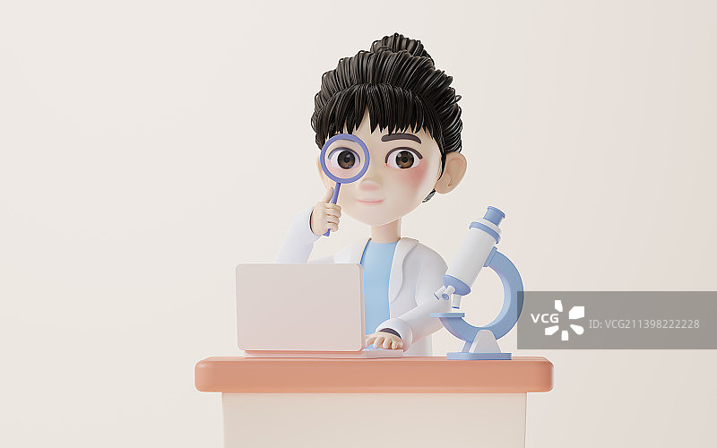 卡通女性科研人员与显微镜3D渲染图片素材