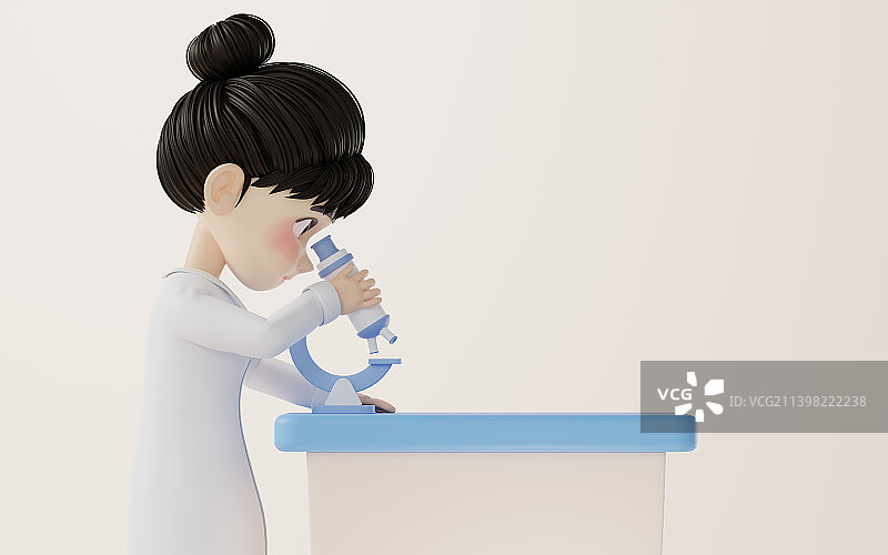 卡通女性科研人员与显微镜3D渲染图片素材