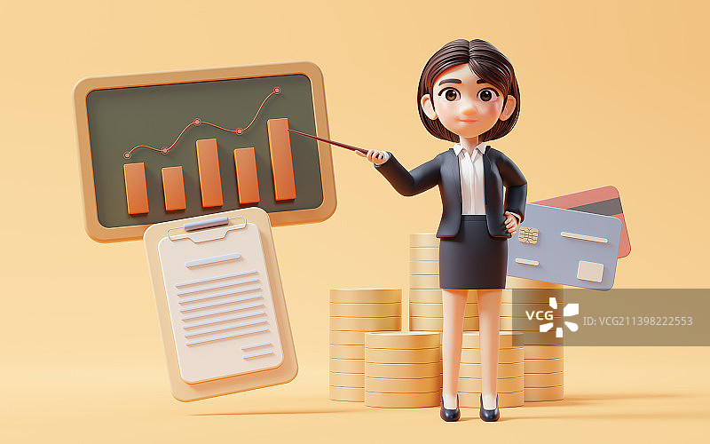 卡通商务女性与理财概念3D渲染图片素材