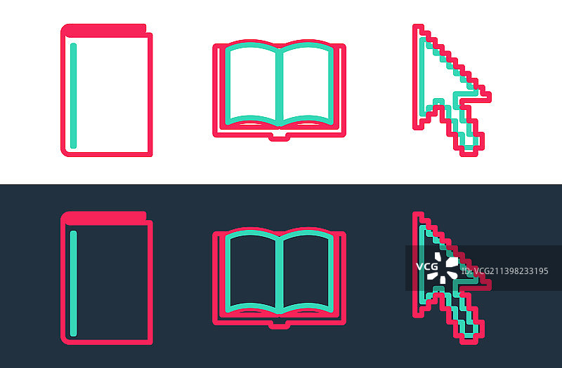 像素箭头光标、书籍和打开的书籍图片素材