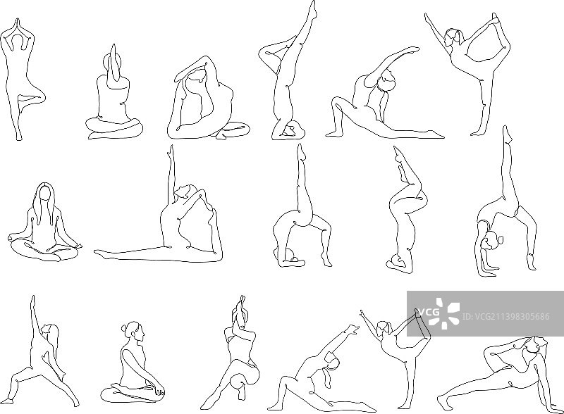 女性做瑜伽的大型连续线条画图片素材