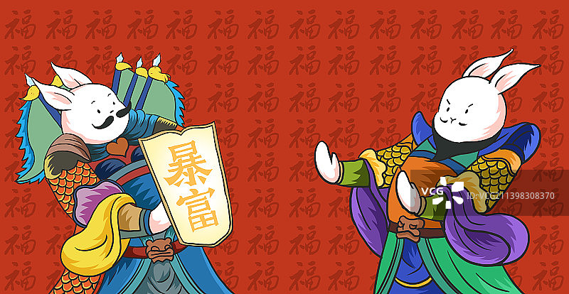 2023年新中式国潮风兔年兔子门神新年新春春节过年年味插画图片素材