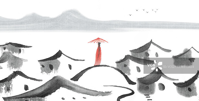 站在小桥上打伞的红裙女子背影江南风景插画图片素材
