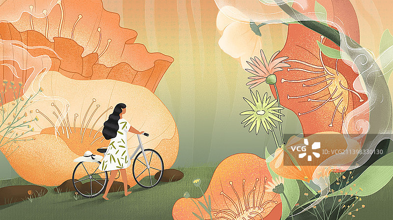 春季女孩推自行车走在花丛中手绘插画图片素材