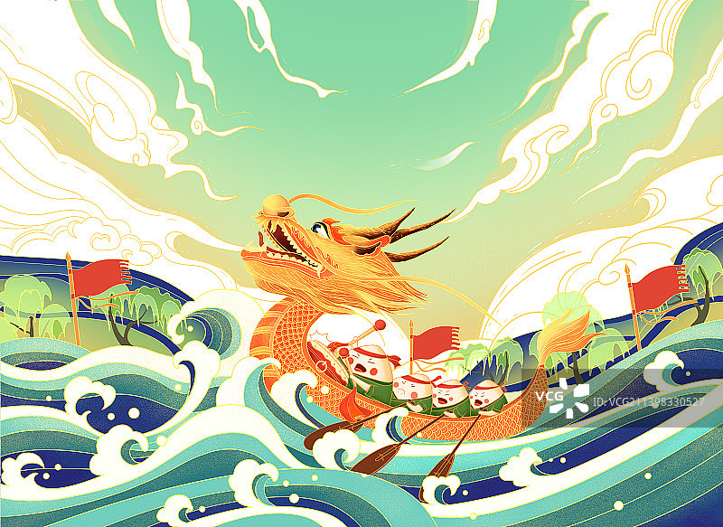 中国风端午赛龙舟手绘插画图片素材