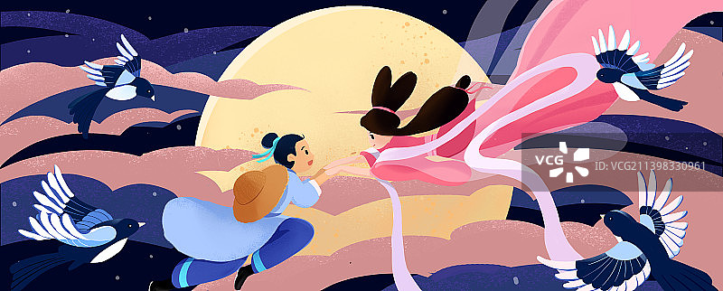 七夕情人节牛郎织女喜鹊手绘插画图片素材