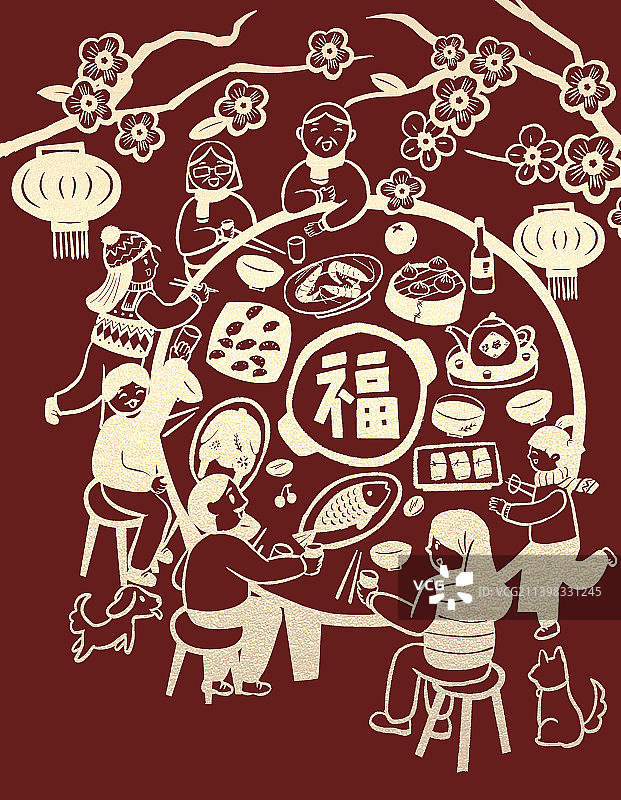 新年剪纸风格团圆插画图片素材