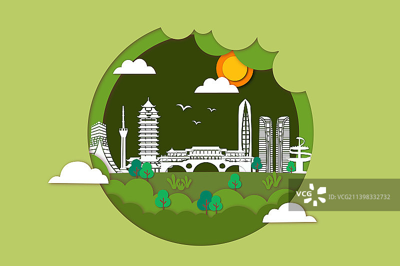 成都城市主题剪纸风插画图片素材