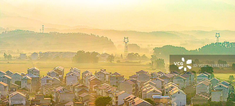 江西新干，航拍乡村最美日出图片素材