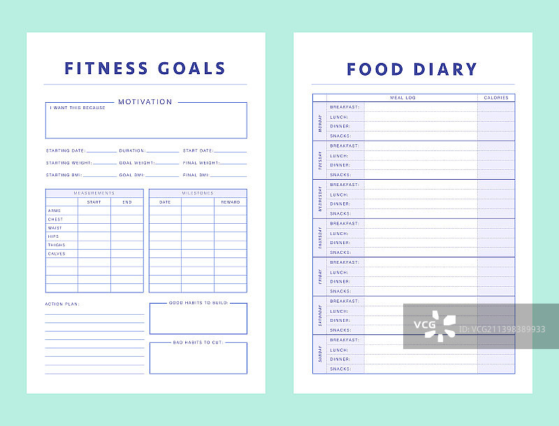 健身目标和食物日记计划模板图片素材