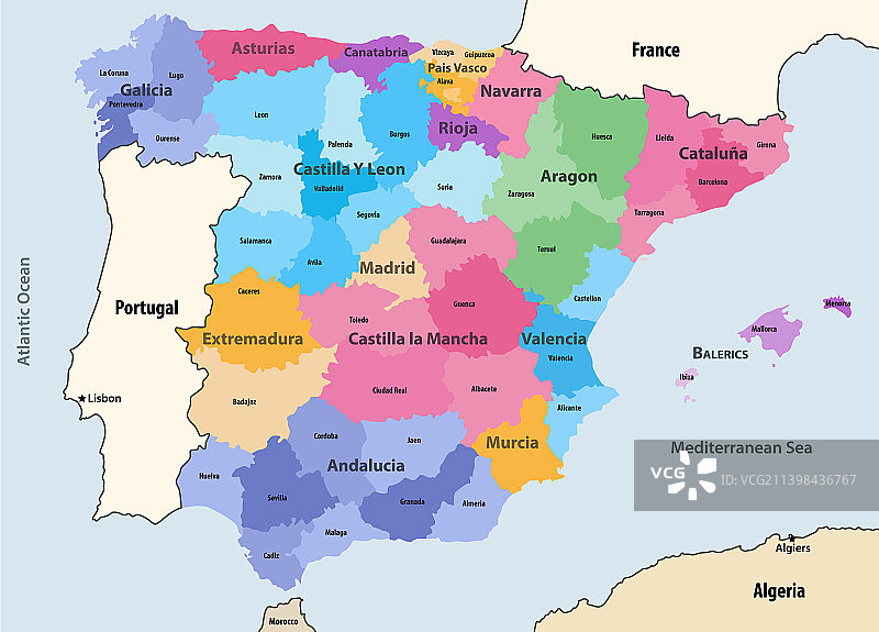 西班牙自治区和省份地图图片素材