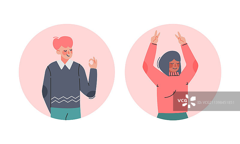 快乐的男人和女人展示V字和OK手势图片素材