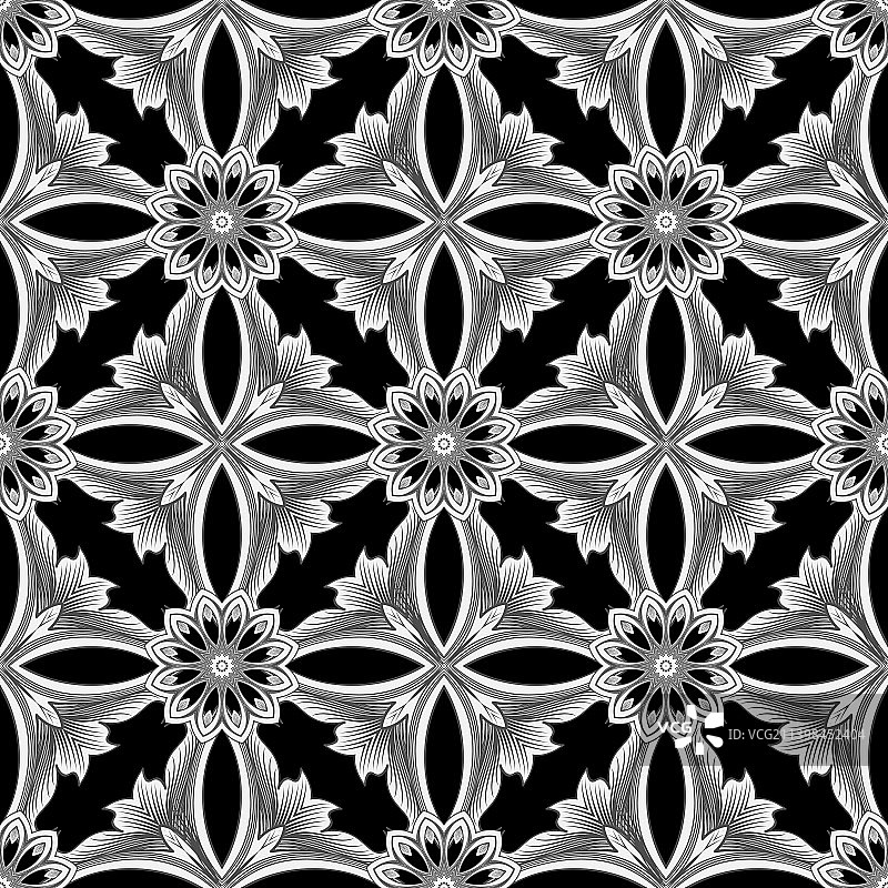 黑白花卉线条无缝图案图片素材