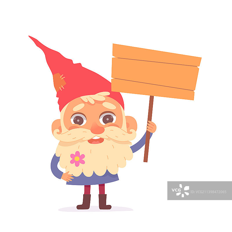 可爱的花园侏儒与空白木制标牌图片素材