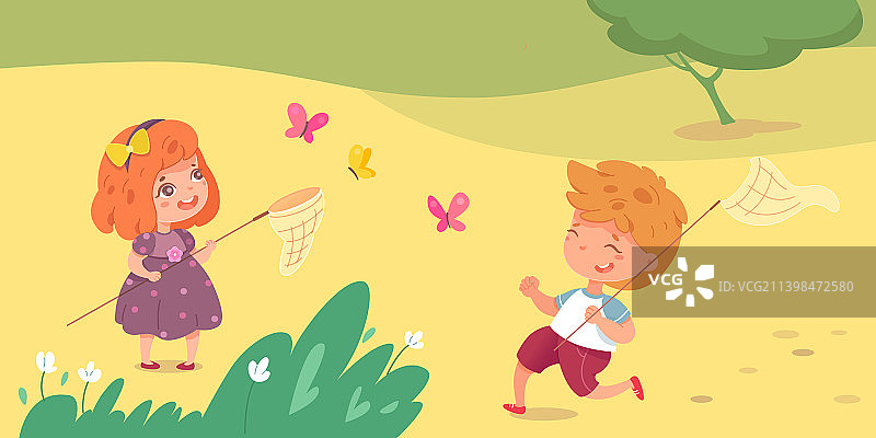 兄妹用网捕捉蝴蝶图片素材