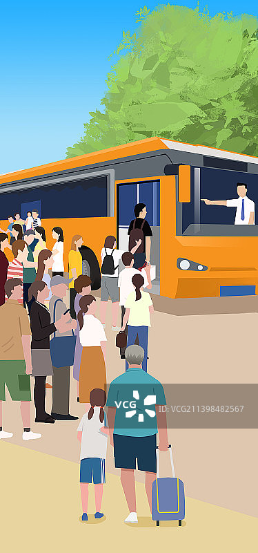 放学后上学排队人群挤公交交通拥挤搭车等待插画图片素材