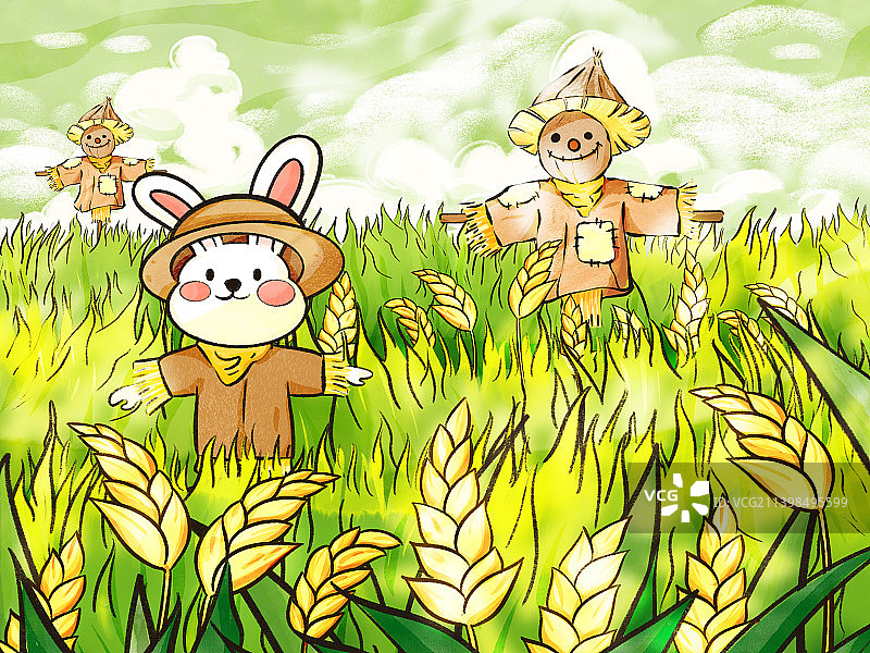 横版兔子故事插画6月麦田稻草人图片素材
