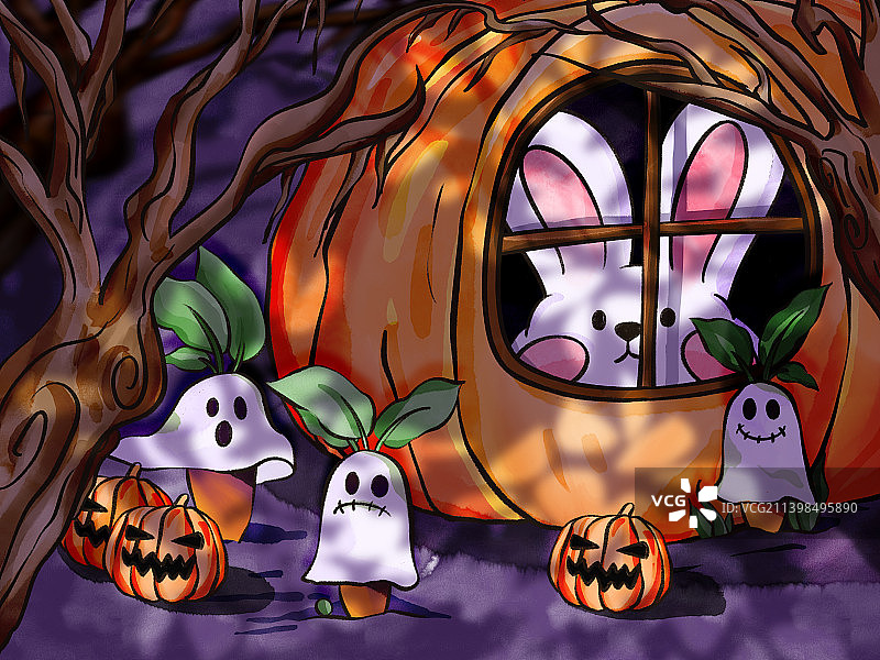 横版兔子故事插画11月万圣节氛围图片素材
