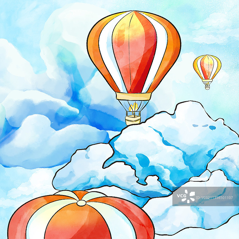 水彩风云朵热气球治愈系插画图片素材