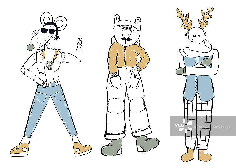 有趣的动物：野兔、狐狸和熊猫图片素材