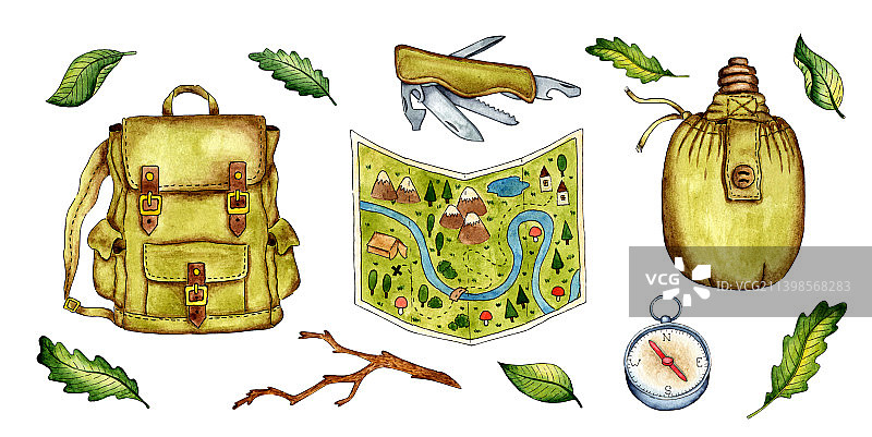 露营背包地图水壶水彩套装图片素材