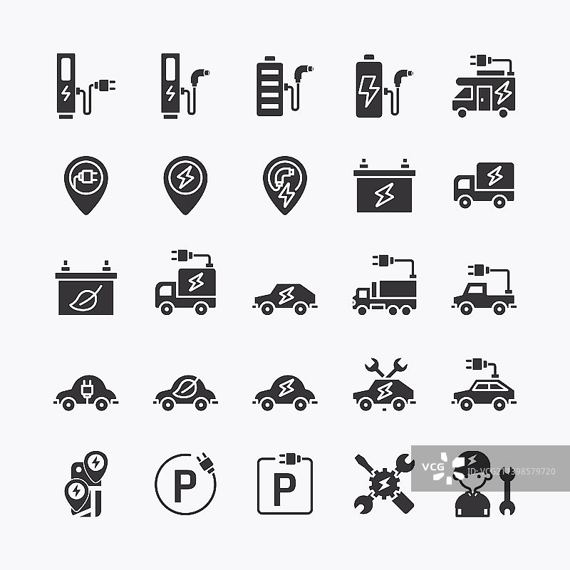 电动汽车标志扁平黑色图标合集图片素材