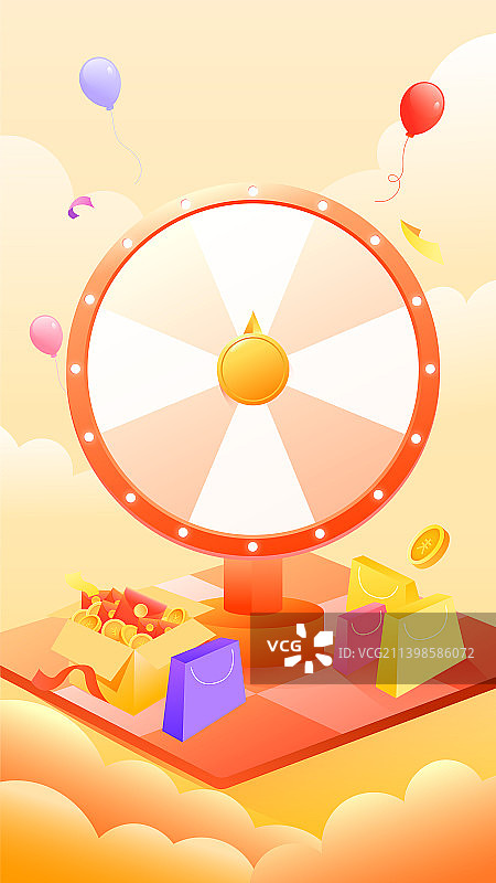 红色转盘和购物袋电商购物节促销矢量插画背景竖图图片素材