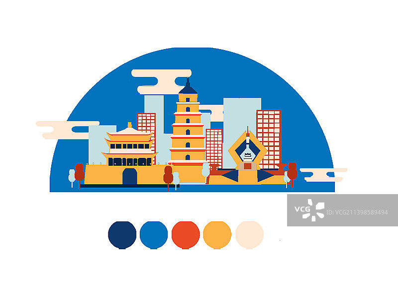 西安城市风景配色大雁塔钟楼法门寺复古撞色图片素材