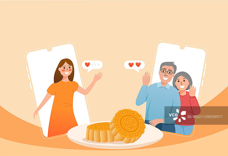 中秋节女儿与父母视频通话图片素材