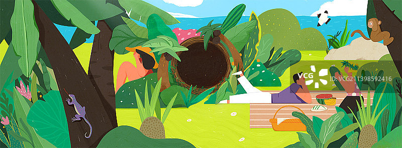 春日夏日郊游草地海边露营植物风景插画图片素材