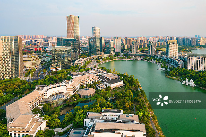 航拍江苏苏州独墅湖高教区城市自然风景图片素材