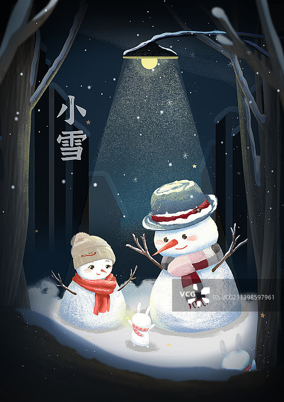 小雪雪人和兔子插画图片素材