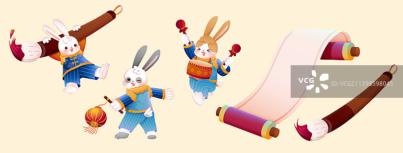 可爱活泼兔子写书法新年素材组合图片素材