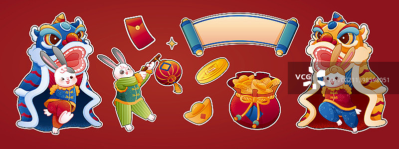 贴纸风格的舞龙舞狮兔材质组合图片素材