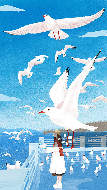 海边少女与海鸥图片素材