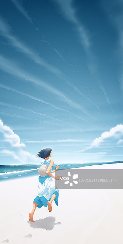 年轻女人在白色沙滩上跑步图片素材