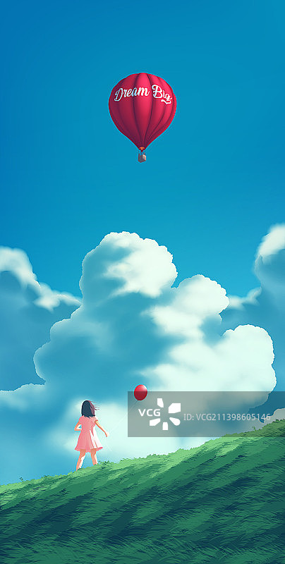 小女孩拿着红色气球凝视图片素材