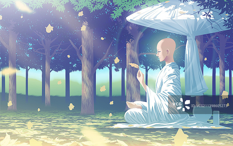 女僧侣正在思考干燥的三法印图片素材