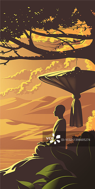 一位上座部佛教僧侣在树下冥想图片素材