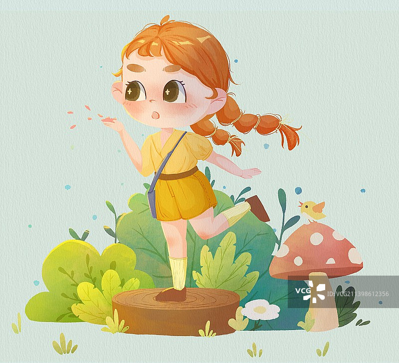 活泼少女植物蘑菇花瓣肌理风儿童插画图片素材