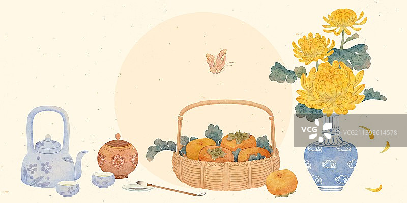 水彩国风秋天静物菊花柿子和热茶图片素材